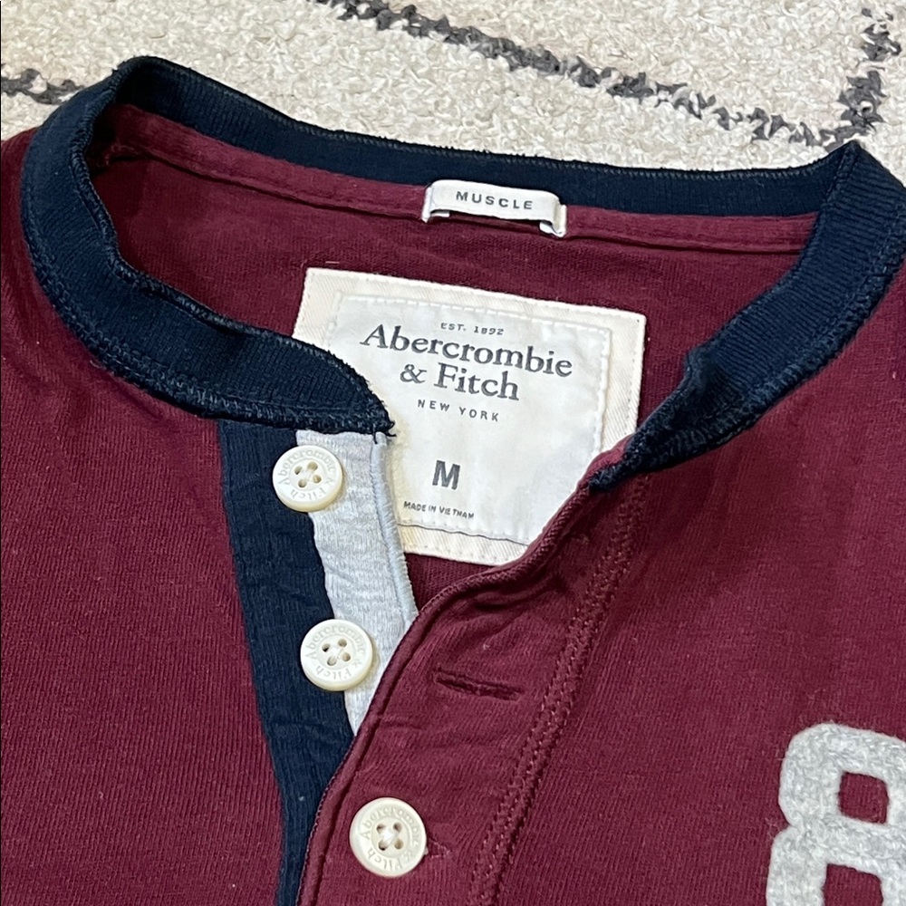 Abercrombie & Fitch Burgundy Henley Long sleeve Shirt with Navy Trim - Picture 2 of 7